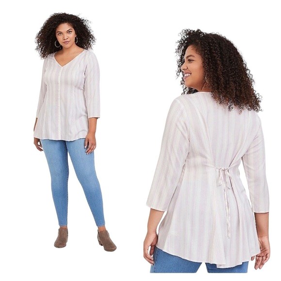 Torrid Women's Challis Striped Tunic Top Faux Button Up Size 3 Tie At Waist - Picture 1 of 12